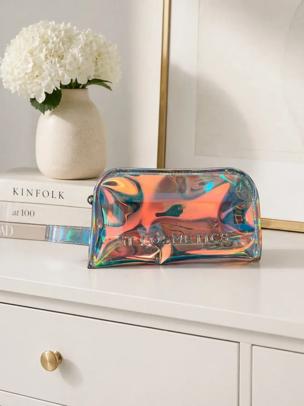 it cosmetics Holographic Cosmetic Pouch in Peach and Blue